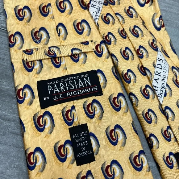 J.Z. Richards Yellow w/ Blue, Red & Tan Pattern Silk Tie - Picture 3 of 4